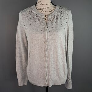 Ann Taylor Loft Cardigan Sweater Grey Decorated Bedazzled Size Medium